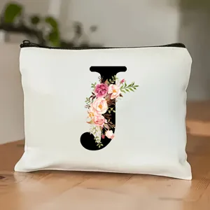 Weiße Kosmetiktasche aus Canvas mit floralem Buchstaben J, Reißverschluss, tragbarer Organizer.