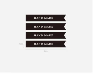 Vue détaillée de stickers rubans noirs faits main avec texte blanc, format 1x6cm.