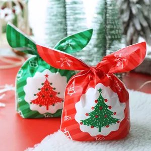 Christmas Candy Gift Bags Cute Cartoon Rabbit Ear Treat Bags Reindeer Snowflake Printed Plastic Cookie Packaging Bags For Holiday Party Table Decoration Favors