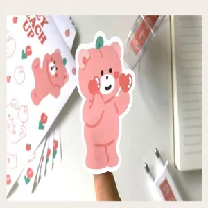 Pink cute bear sticker detail shot, perfect for journaling, laptop decor, and DIY crafts.