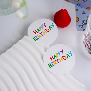 Colorful hand-drawn Happy Birthday round stickers, perfect for gift wrapping and sealing seals.