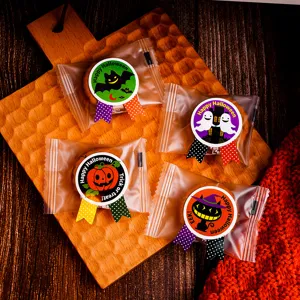Halloween sticker set featuring cute pumpkin, bat, and ghost designs for gift bag decoration.