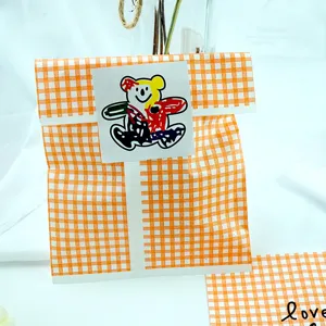 Orange white plaid greaseproof paper bag with cute bear sticker for baking cookies candy