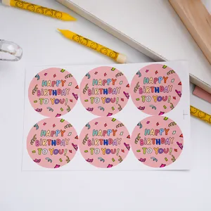 Colorful happy birthday round stickers set 6 pcs cute planner diary adhesive labels