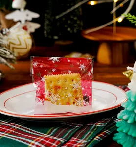 Sacchetto regalo di Natale con fiocchi di neve argentati, busta adesiva per dolci biscotti.