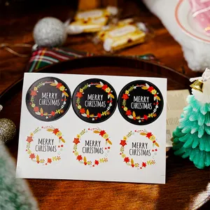Frohe Weihnachten Beschichtetes Papier Selbstklebende Etiketten Rund Geschenkverpackung Siegel Schwarz Weiß Festliche Blumenkranz Aufkleber Feiertag Dekoration Zubehör