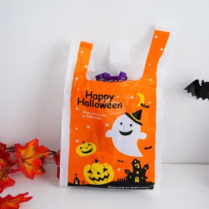 Detailed view of Halloween vest shopping bag featuring cute ghost and pumpkin print designs.