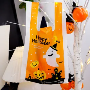 Halloween plastic vest shopping bag, gift packaging bag with cute ghost and pumpkin print.