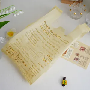Plastic vest shopping bag with French letter print, stylish grocery gift packaging bag.