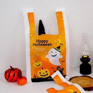 Halloween plastic vest shopping bag detail view, holiday gift packaging bag with ghost print.