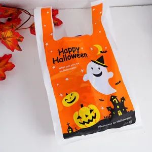 Halloween plastic vest bag detail showing cute ghost, pumpkin graphics and festival English text prints.