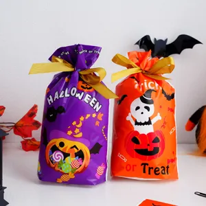 Halloween Pumpkin Ghost Drawstring Gift Bags Cartoon Candy Treat Bags Festive Party Goodie Bags Plastic Wrap Bag With Ribbon