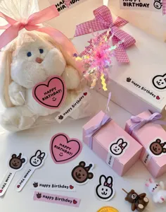 Cute pink and white decorative stickers, birthday gift packaging labels and stationery.