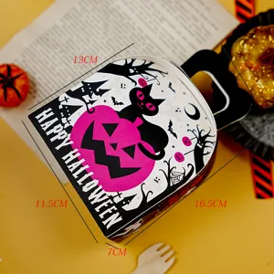 Halloween handheld paper gift box for candy and cookies, featuring cute black cat and pumpkin.