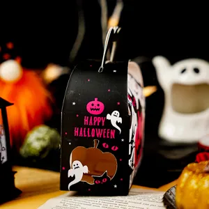 Halloween black pumpkin treat paper box for candy cookies, portable gift packaging bag.