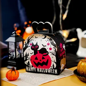 Halloween candy packaging box with cute black cat and pumpkin design for cookies.