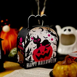 Halloween portable paper gift box with handle, cute black cat pumpkin design for cookies candy.