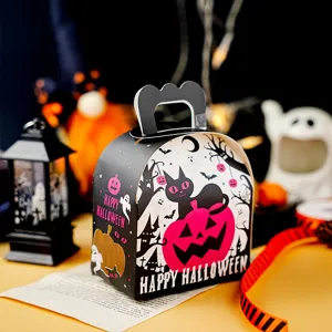 Halloween Pumpkin Paper Packaging Box With Handheld Handle Cartoon Cat Bat Pattern Festival Candy Cookie Gift Box Decor
