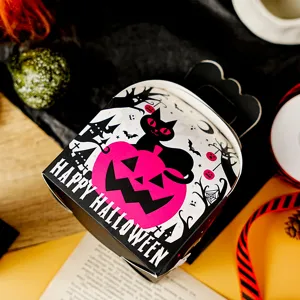 Halloween gift paper box with cute black cat and pink pumpkin design for cookies candy packaging.