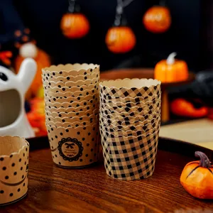 Caissettes à Cupcake en Papier Kraft Rétro Moules à Muffin Résistants au Chaleur pour Four Friteuse à Air Accessoires de Pâtisserie Halloween