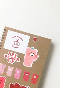 Cute aesthetic bear and cherry sticker detail shot for journal and diary DIY decoration use.
