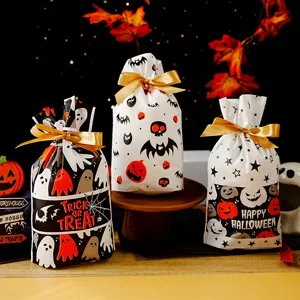 Halloween plastic candy gift bags with gold ribbons for party favors and treats packaging