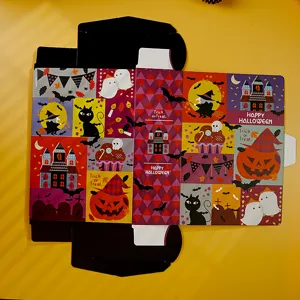 Halloween book-style paper packaging box detail showing colorful holiday pattern design.