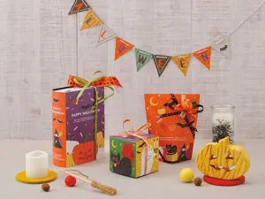 Detailed view of Halloween themed gift packaging boxes featuring book, square and bag designs.