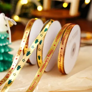1cm Gold Stempelung Weihnachtsband für Geschenke, doppelseitiges Satinband für Boxen und Deko.