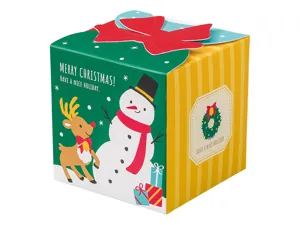 Caja de regalo de papel navideño con lazo, ideal para empaquetar manzanas y caramelos.
