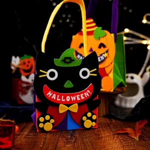 Halloween felt candy bag featuring a cute black cat design for party decoration and gifts.