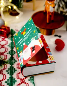 Vista dettagliata della scatola regalo a forma di libro natalizio, confezione.