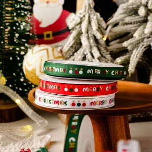 Christmas Grosgrain Ribbon Polyester Festive Holiday Present Gift Wrapping Ribbon Printed Merry Christmas Lettering Decorative Craft Ribbon for Holiday Decor