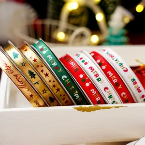 Christmas grosgrain ribbon set, printed with merry christmas patterns for gift wrapping.