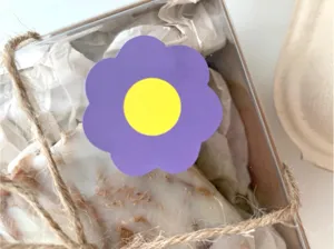 Embalaje de caja de regalo transparente con cordel rústico y bonita pegatina de flor para decoración.