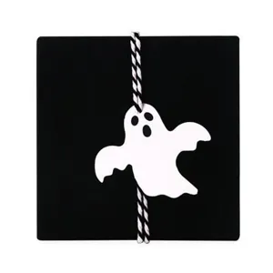 Halloween ghost shape hanging tag detail, black backing card with black-white string.