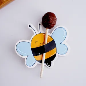 Cute cartoon bee candy paper card detail shot, perfect for party favors and sweet gifts.