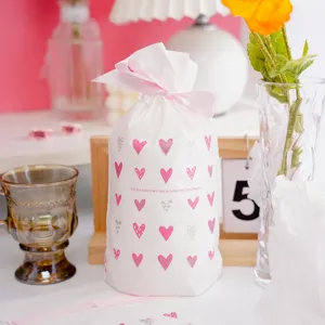 Valentine Day Drawstring Gift Bag Heart Pattern Plastic Packaging Bag For Cookies Candy Nougat Snowflake Crisp Gift Wrapping