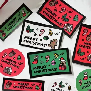 Christmas greeting cards set, red and green festive holiday message cards with cute designs.