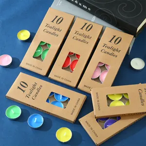 10er Set farbige Teelichter in Kraftpapierboxen mit Aluschalen für romantische Deko.