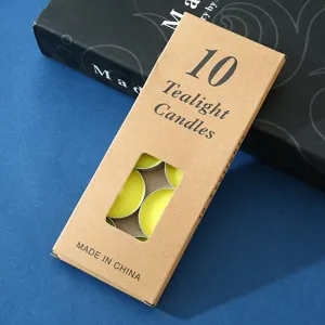 10er Pack gelbe Teelichter in Aluschalen mit brauner Kraftpapier-Verpackungsdetailansicht.