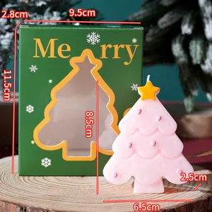 Candela profumata albero di Natale con scatola verde, ideale decorazione natalizia.
