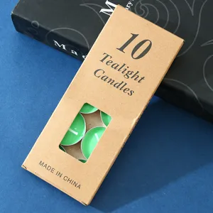 10er-Pack Teelichter in Grün mit Aluschale, braune Schachtel, perfekt für romantische Anlässe.