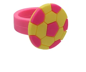 Close-up detail of the colorful PVC soccer ball ring, showing the vibrant pink and yellow design.