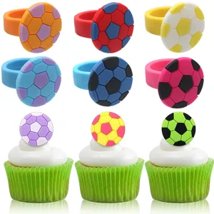 Colorful Dopamine Soccer Ring PVC Soft Rubber Candy Color Football Finger Rings For Kids Toy Party Gift Cake Decoration