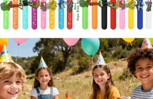 Colorful slap bracelet set with cute cartoon charms, perfect party favors and kids gifts.