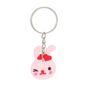 Süßer rosa Kaninchen Schlüsselanhänger mit roten Herzen, PVC Cartoon Tier Anhänger.