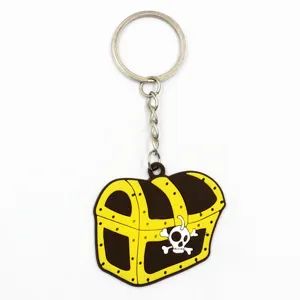 Close-up detail view of the PVC soft rubber pirate treasure chest keychain pendant and metal ring.