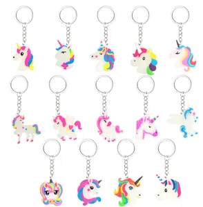Details showing 14 styles of glowing unicorn keychains, cute silicone pendant key rings.
