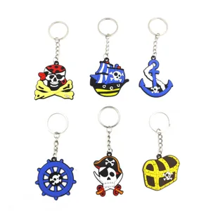 Set of 6 cute pirate cartoon PVC keychains, flexible rubber bag pendants for Halloween gifts.